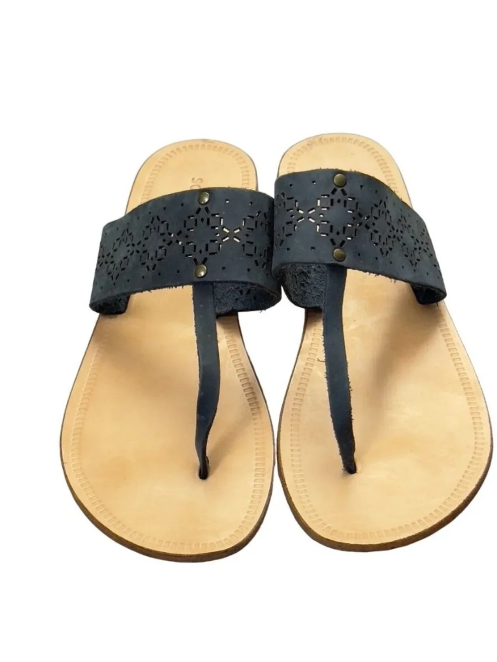 SOPHIA MILANO Women's Shoes Gray Flat Slides Perforated Leather Thongs Size 7.5M